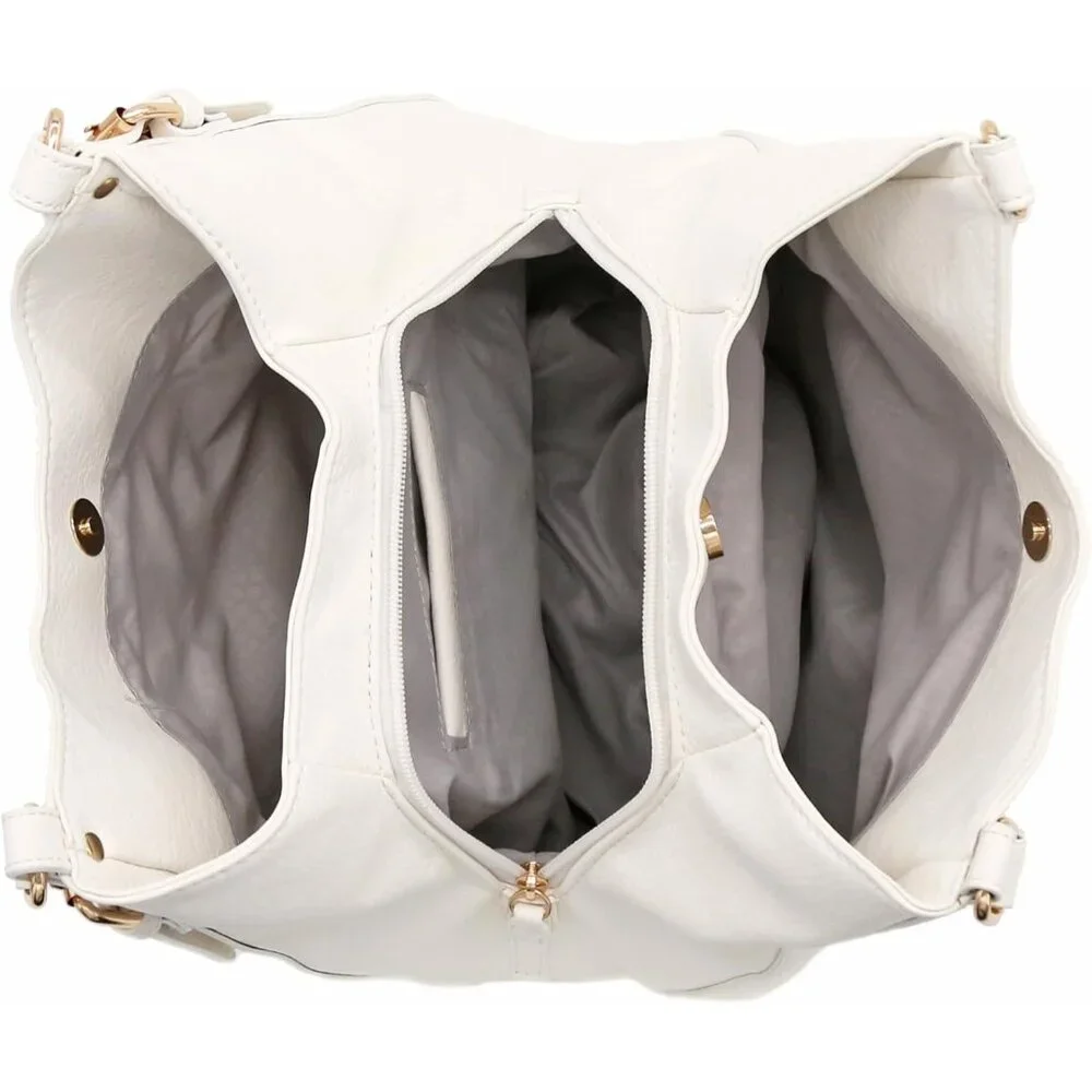 Women's Lightweight Top Handles Zipper Closure Leather Medium Hobo White Bag